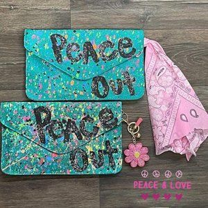 Teal Peace Out Paint Splatter Wristlet
